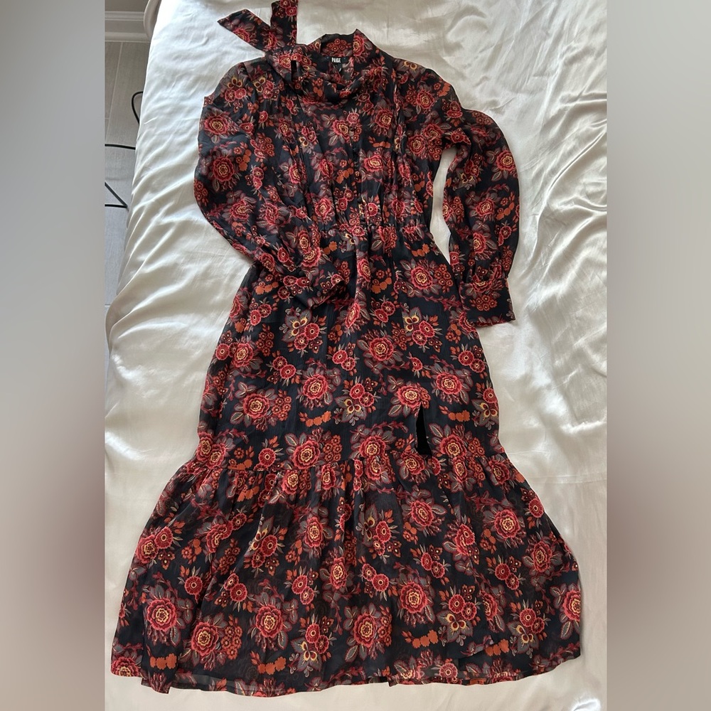 PAIGE Silk Black and Red Floral Long Sleeve Dress